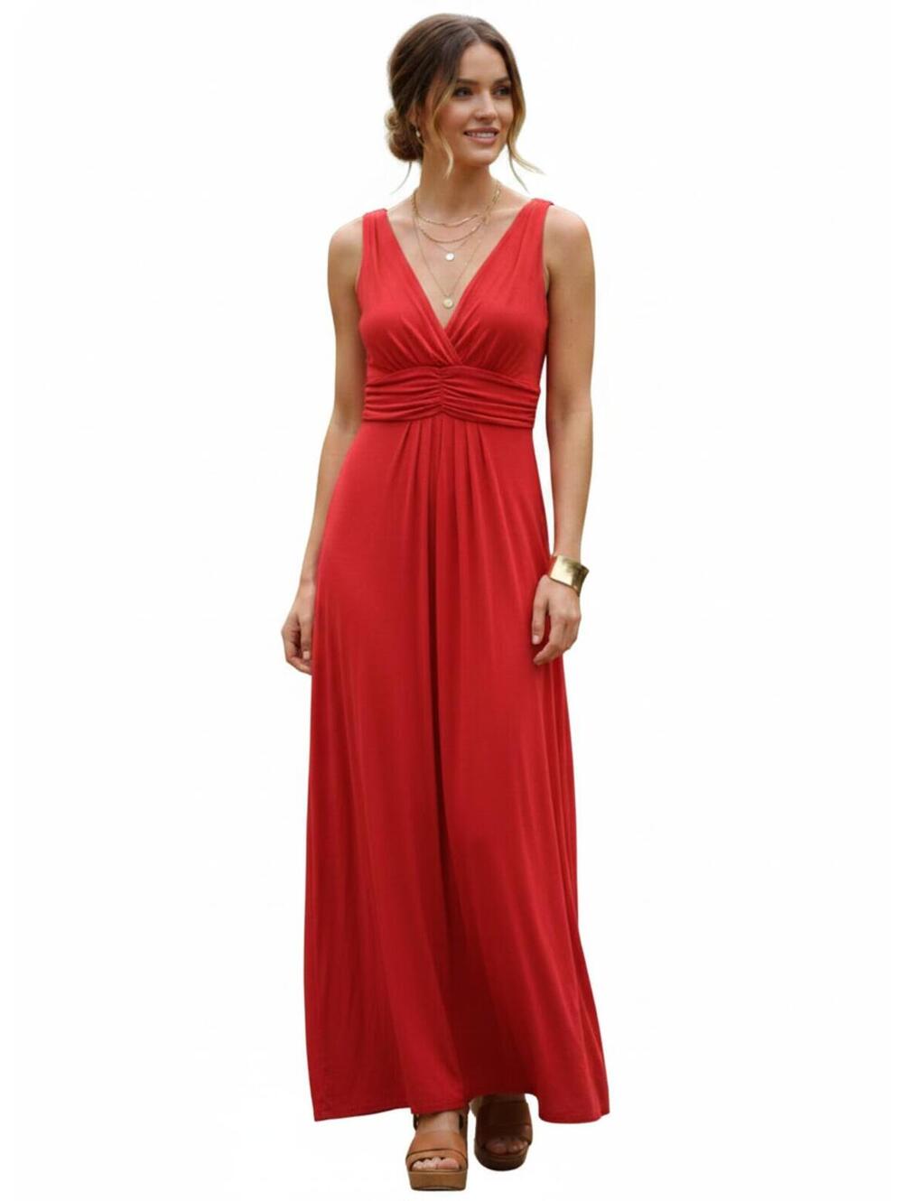 Tart Sleeveless Red Maxi Dress with Deep V-Neck Ruched Waist Modal Medium